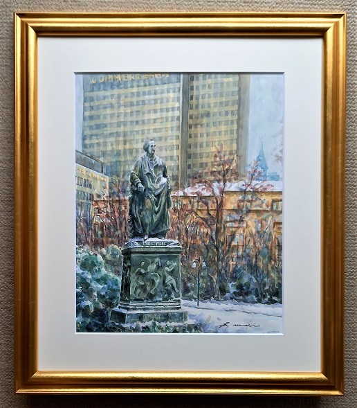 署名：S. Mori 标题：一座有雕像的城市(法兰克福) 尺寸 8 1987 年 1 月制作, 绘画, 油画, 自然, 山水画