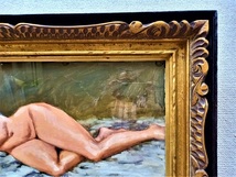 時代物油彩画　作者不詳サインはあるが姓名が分からない　仮タイトル「横たわる裸婦」金彩のアンティークな額_画像7