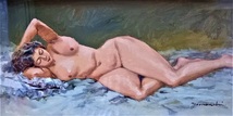 時代物油彩画　作者不詳サインはあるが姓名が分からない　仮タイトル「横たわる裸婦」金彩のアンティークな額_画像2