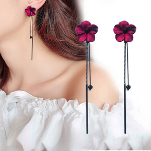  earrings S925 needle black long chain retro wine red red flower flower lady's Korea allergy measures prevention #C1742-1