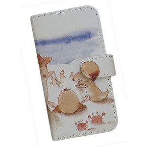 iPhone14 Plus　スマホケース 手帳型 プリントケース 犬 カニ 海 砂遊び ヨット