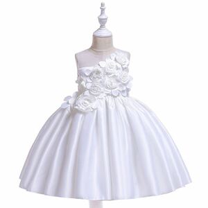 130cm 子供ドレス発表会 キッズ ドレスフォーマルドレス ドレスワンピース 立体花 結婚式 二次会七五三誕生日記念撮影リングガールホワイト