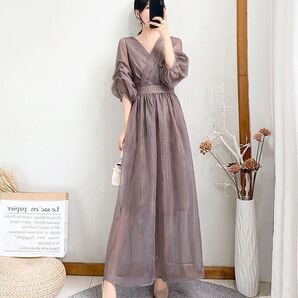 新品パーティードレス ワンピースロング シフォン ロングドレス 結婚式二次会入園入学式卒園式卒業式お誕生日記念撮影お呼ばれパープル2XL