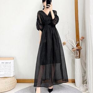 新品パーティードレス ワンピースロング シフォン ロングドレス 結婚式二次会入園入学式卒園式卒業式お誕生日記念撮影お呼ばれブラック2XL