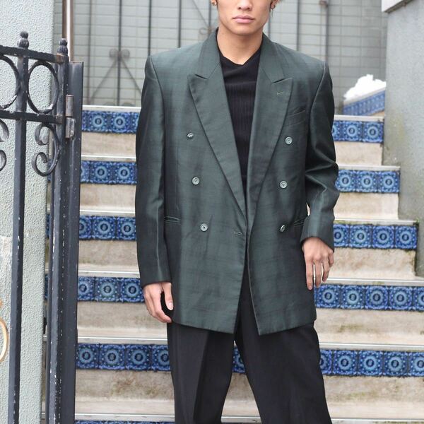 USA VINTAGE CHECK PATTERNED GREEN COLOR DOUBLE TAILORED JACKET/アメリカ古着グリーンカラーダブルテーラードジャケット