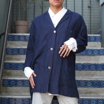 EU VINTAGE NAVY COLOR DESIGN LINEN JACKET/ヨーロッパ古着ネイビーカラーデザインリネンジャケット_画像1