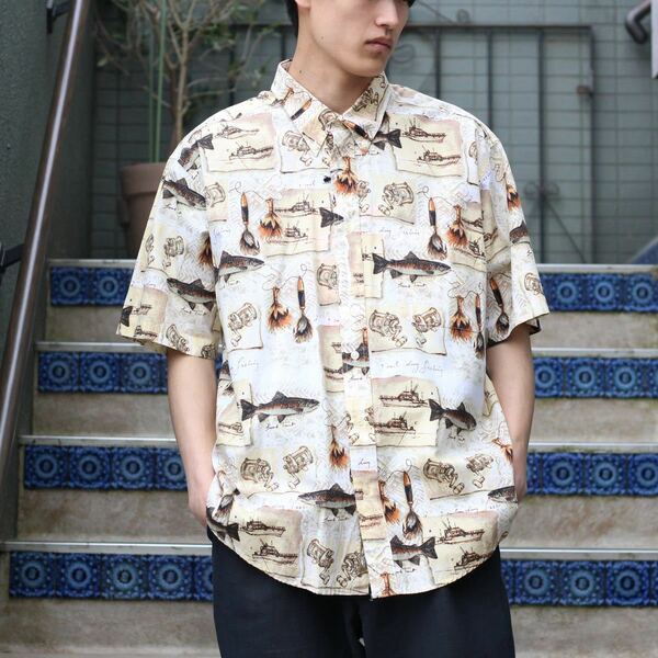 USA VINTAGE NATURAL ISSUE HALF SLEEVE FISHING PATTERNED/アメリカ古着半袖フィッシング柄シャツ