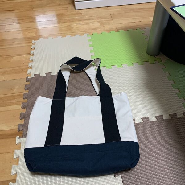 トートバッグ バイカラー 白×紺 外側マチ ハンドメイド