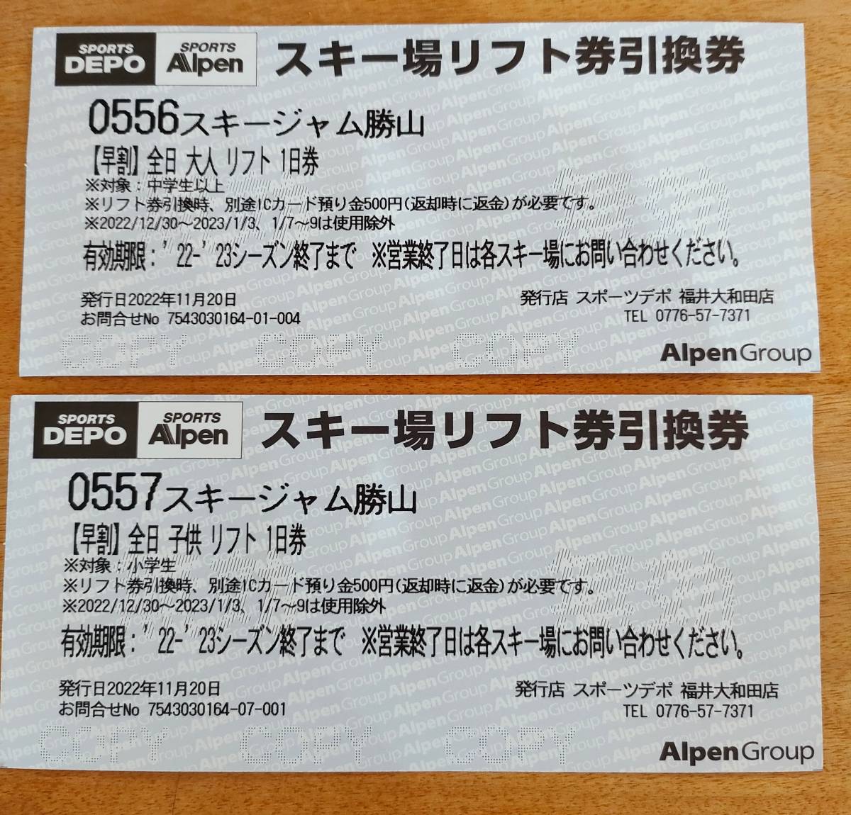 スキージャム勝山 全日リフト券(22-23シーズン) 買い保障できる 8160円