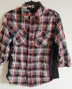 Lサイズ LAD 七分袖 シャツ スナップ 襟にワイヤー チェック柄 黒×赤 