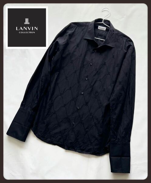 【高級】LANVIN ランバン　総柄　刺繍　ブラックカラー　コットン　シャツ　長袖シャツ メンズシャツ