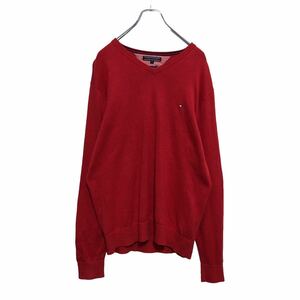 TOMMY HILFIGER コットン ニット セーター M レッド ロゴ トミーヒルフィガー Vネック 古着卸 アメリカ仕入 a503-5069