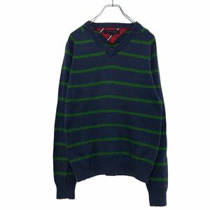 TOMMY HILFIGER Vネック ボーダー セーター S ネイビー グリーン トミーヒルフィガー コットン ニット 古着卸 アメリカ仕入 a503-7138