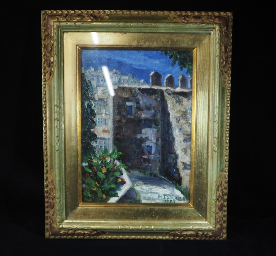 Pintura al óleo vintage del Castillo de Málaga de 1977 de Kiyotaka Tanaka, tamaño P4, marco: ancho 41cm, profundidad 48cm, espesor 5 cm, cuadro de paisaje de malaga, España, NKY503, Cuadro, Pintura al óleo, Naturaleza, Pintura de paisaje