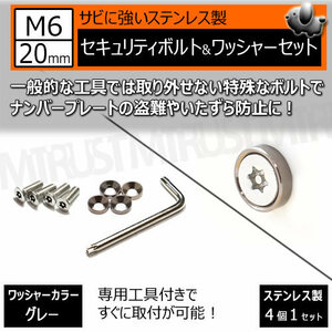 ステンレス製 セキュリティーボルト ワッシャー M6 20mm 4個セット グレー ナンバーボルト 盗難 いたずら 防止 防犯 盗難防止