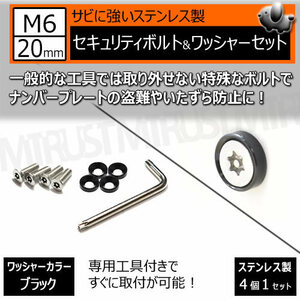 ステンレス製 セキュリティーボルト ワッシャー M6 20mm 4個セット ブラック ナンバーボルト 盗難 いたずら 防止 防犯 盗難防止