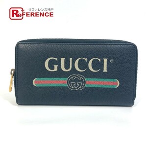 GUCCI グッチ 496317 シェリーライン GUCCI ロゴプリント ラウンドファスナー 長財布 レザー ブラック メンズ【中古】