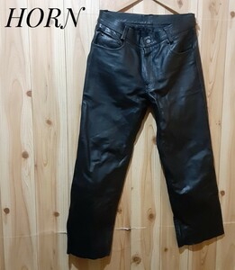 最値!パキスタン製!希少廃盤モデル!ホーン ワークス【HORN WORKS】高級肉厚本革レザー バイカー パンツ!トリプルブラック!黒 サイズ34