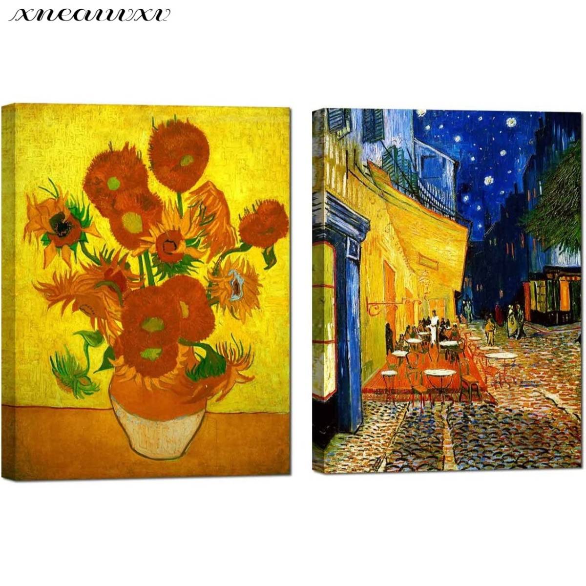 Van Gogh Art Panel 2er-Set: Caféterrasse bei Nacht und Sonnenblumen. Reproduktionen berühmter Gemälde. Einfach anzubringender Wandbehang für den Innenbereich. Impressionistische Nachtszene, Blumen, Pflanzen, Malerei, Ölgemälde, Natur, Landschaftsmalerei