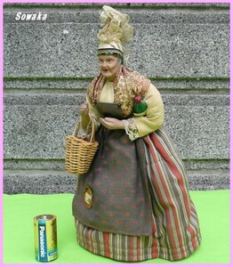 激珍■フランス製★サントン ハンドメイド 木製 ビンテージ人形★H=26cm ワインと果物籠を持った老婆◎, インテリア小物, 置物, 洋風