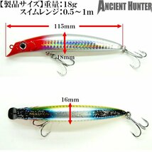 リップル115SF 115mm-18g ( イワシ ) 【 ジギンガーＺ × AncientHunter 】 BKK製フック装着 リップレスミノー ミノー　シーバス_画像7