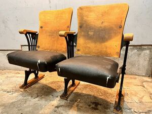 W79 antique theater chair chair wooden iron made American antique furniture theater chair 40's 50's iron chair 