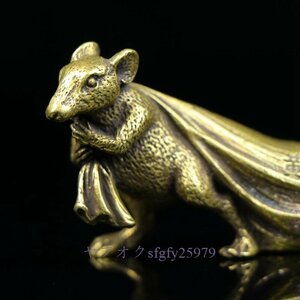 A097B☆新品銅 マウス 置物 ミニチュア 中国 風水 装飾 レトロ 動物 ラットプルマネーバッグ像