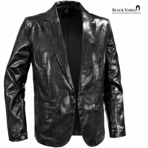 222850-bkgls BlackVaria ジャケット テーラード 箔プリント 光沢 1釦 テーラードジャケット メンズ(光沢ブラック黒) L カットジャケット