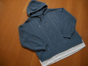 *USED* cable braided piling put on manner do King specification & with a hood .× blue * knitted * sweater [L]