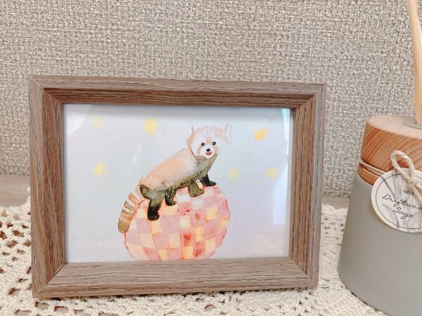 水彩画　レッサーパンダの玉乗り　額付き　L版写真サイズ