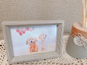 水彩画　いちごとわんこ　額付き　L版写真サイズ