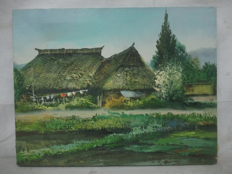 茅葺き屋根の家 絵画 油絵 app.getdatasub.com