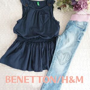 【100cmおしゃれ2点セット】BENETTONチュニック H&Mデニムストレッチパンツ ﾍﾞﾈﾄﾝ ズボン 