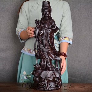 人気美品★ 仏教美術 細密彫刻 木彫り　黒檀木 観音菩薩立像　仏像　工芸品 高さ60cm