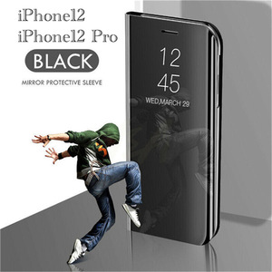 iPhone12 iPhone12Pro 手帳型ケース　ミラー　鏡面　鏡面加工 液晶フィルム　スケルトン クリアケース スマホケース　ブラック