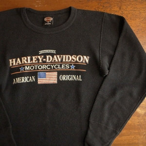 90s USA製 ハーレーダビッドソン プリント サーマル トップ L 黒 / ロンT カットソー ヴィンテージ バイク モーターサイクル BELL