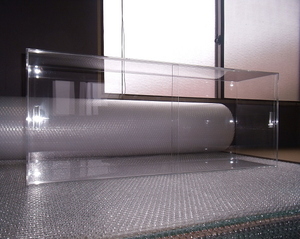 * width 900mm, height 360mm, depth 220mm. transparent acrylic fiber made. sliding door case 