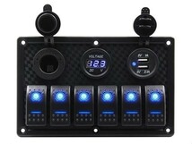 6スイッチ LED 防水 ロッカースイッチパネル シガーライター電源 USB電源 電圧計付き_画像1