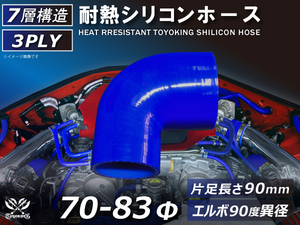 TOYOKING 耐熱 シリコン ホース エルボ90度 異径 内径Φ70⇒83 青色 片足長さ90mm ロゴマーク無し 接続 汎用