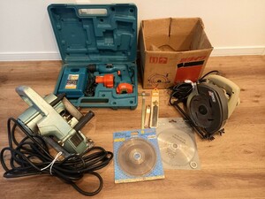 電動工具 まとめて makita 10㎜ 電池震動ドリル /HITACHI 46㎜ ブレーキ付胴緑カッタ /新ダイワ 電気マルノコ 3個セット 中古 k109