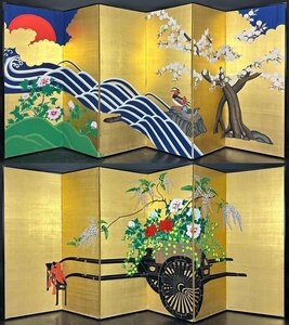 [Toya] 44l Kandai handwriting cherry blossoms and imperial carriage folding screen height about 171.5cm six-panel pair silk handwriting unsigned Yamato-e flowers and birds cherry blossoms cherry-blossom viewing Japanese painting, painting, Japanese painting, Birds and flowers, birds and beasts