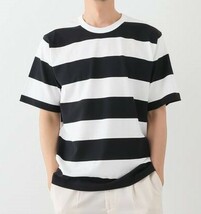 未使用 EDIFICE エディフィス ワイドピッチ ボーダー クルーネック Tシャツ L メンズ ブラック 黒 白 コットン カットソー 定価6490円_画像1