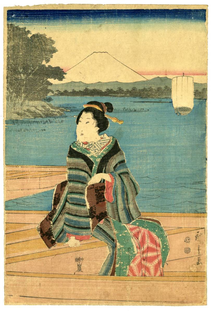 ☆Authentique★ Utagawa Hiroshige, Femme sur la plage, Période Tenpo @Karagi 3, Peinture, Ukiyo-e, Impressions, Portrait d'une belle femme
