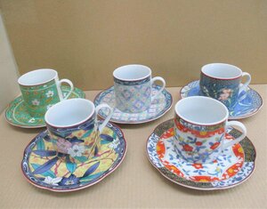 ★ 93030 コーヒーカップ 有田焼 雅峰 5客 花柄 9x6.4x6cm ソーサーφ14cm ソーサー1枚傷有 ★*