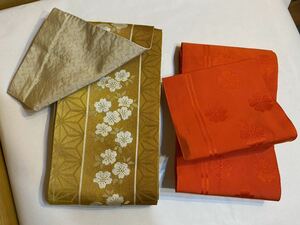  hanhaba obi yukata obi 2 pcs set Gold red silk .. kimono small articles Sakura obi gold thread 