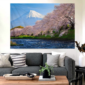 【優雅な富士三山布ポスター】 タペストリー 100×150cm 桜 湖 洗濯機対応 仮想空間 瞑想 模様替え ナチュラル 瞑想 インテリア