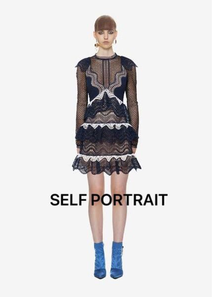 【期間限定セール】SELF PORTRAIT ネイビー ティアード レース ドレス ワンピース