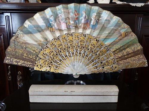 Grace Antique France circa 1870 Openwork and engraving, Mother-of-pearl stamped with gold leaf, Double-sided hand-painted rococo aristocrat fan, artwork, sculpture, object, western sculpture