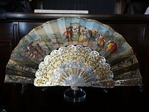 Grace antique France 1870 year about ... carving & gold . pushed . mother ob pearl . Louis 14... era. . horse . training scenery .... fan .fan