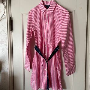 美品 キッズ子供 ラルフローレン ストラップ ピンク 白刺繍 綿 ベルト付き シャツワンピース ロングシャツ 150 girls